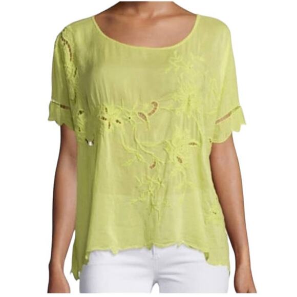 Johnny Was Yellow Rayon Crupa Oversized Boho Scallop Eyelet Top Blouse Large - Picture 2 of 10